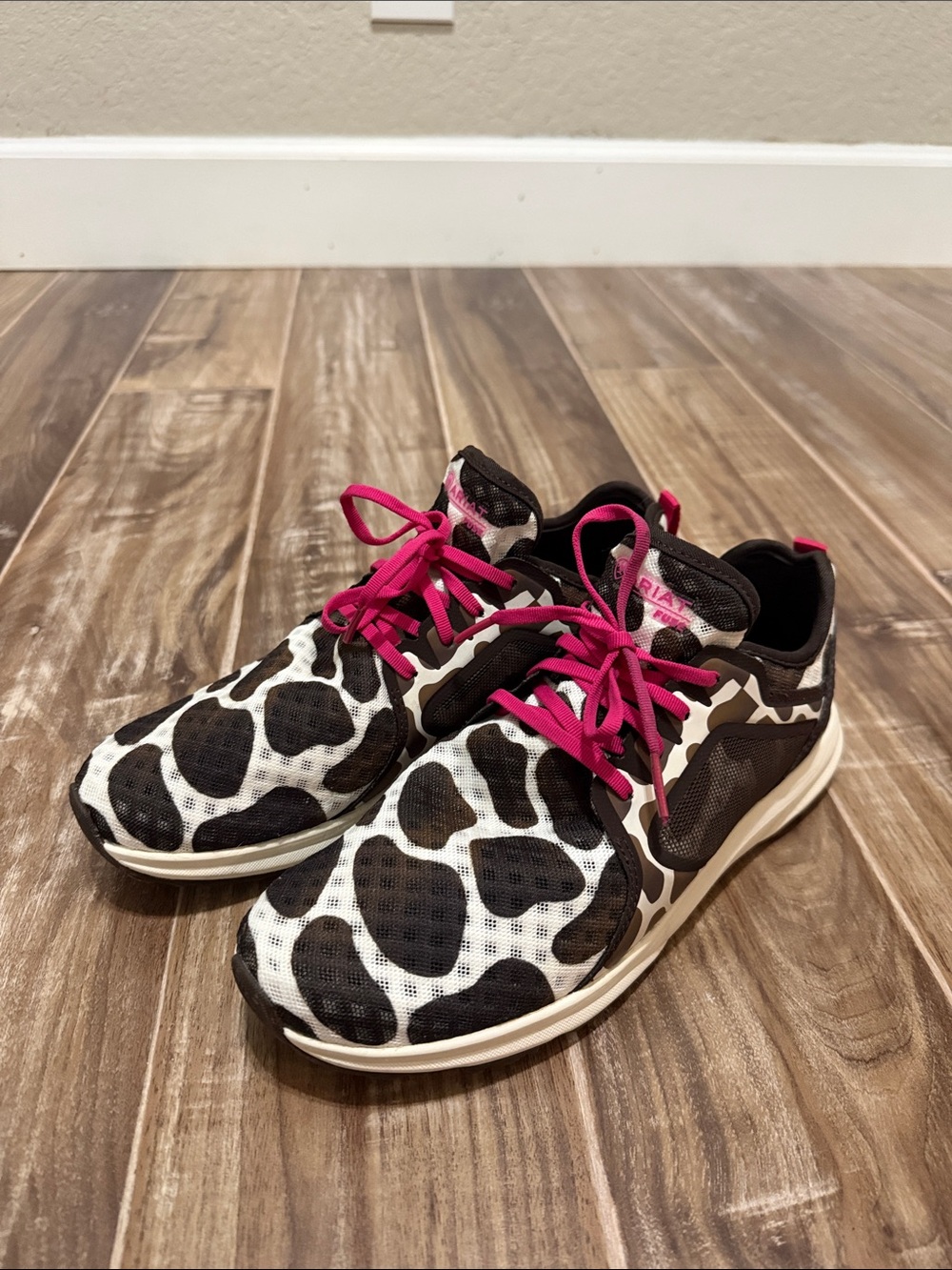 Ariat Women’s Cow-Print Athletic Sneakers in Black, White & Hot Pink